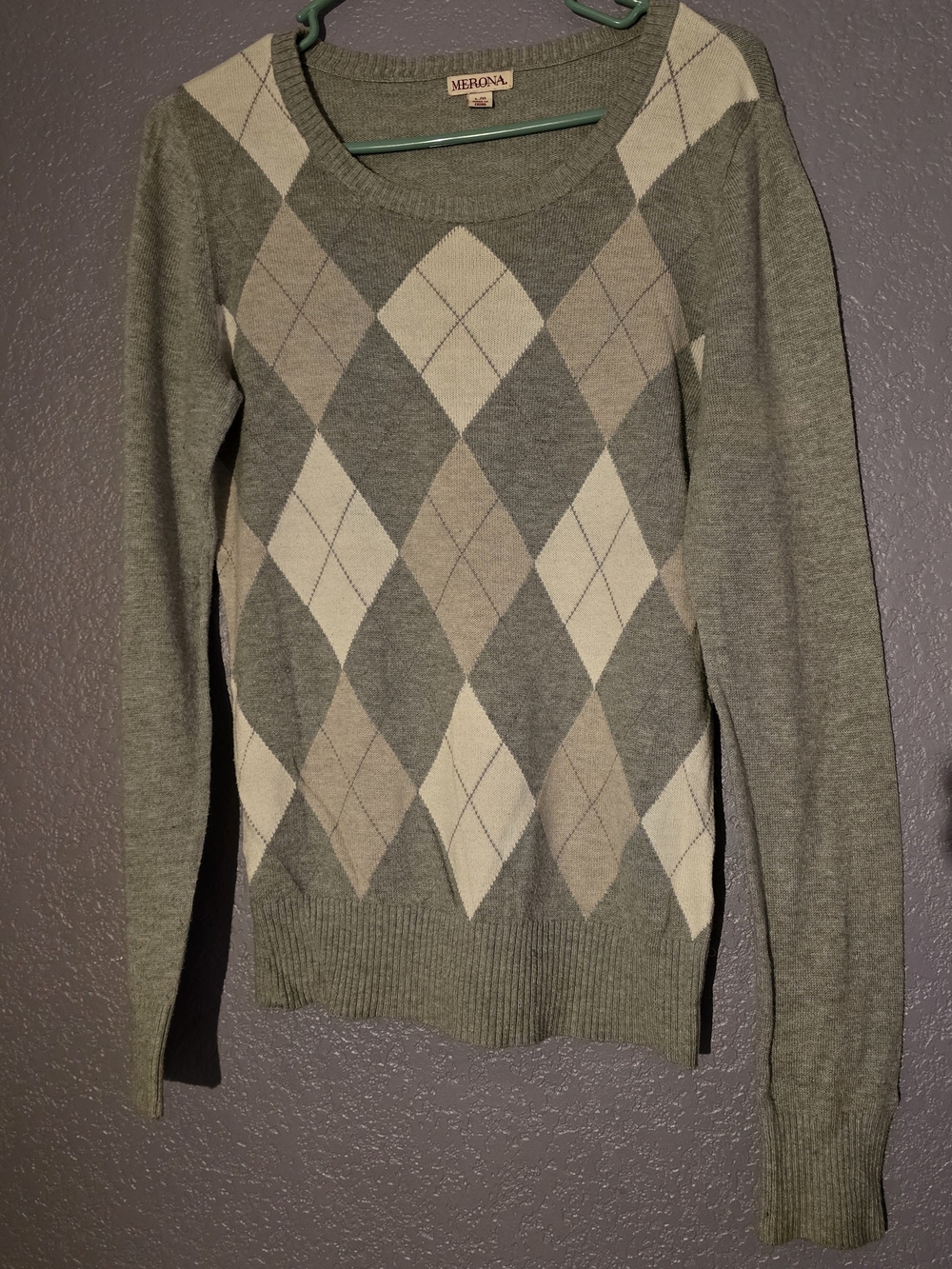 Merona Olive Argyle Scoop Neck Sweater with Cream and Tan Diamonds